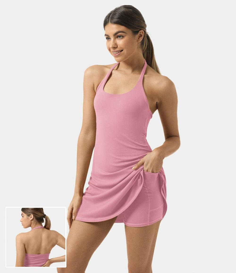 Softlyzero™ Plush Halter Backless 2-in-1 Pocket Mini Slip Active Dress  | Womens  Active Dresses Active Dresses Active Dresses