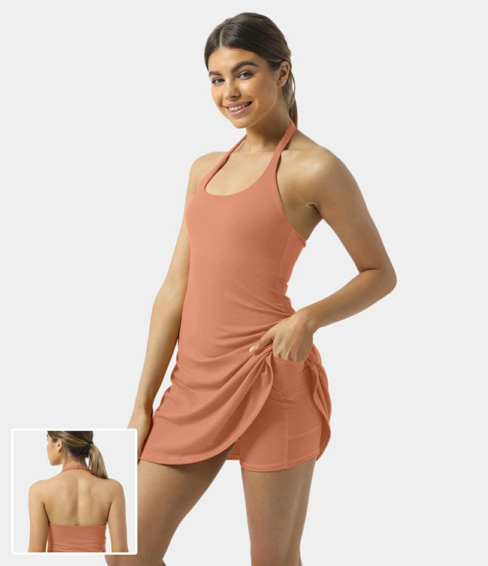 Softlyzero™ Plush Halter Backless 2-in-1 Pocket Mini Slip Active Dress  | Womens  Active Dresses Active Dresses Active Dresses