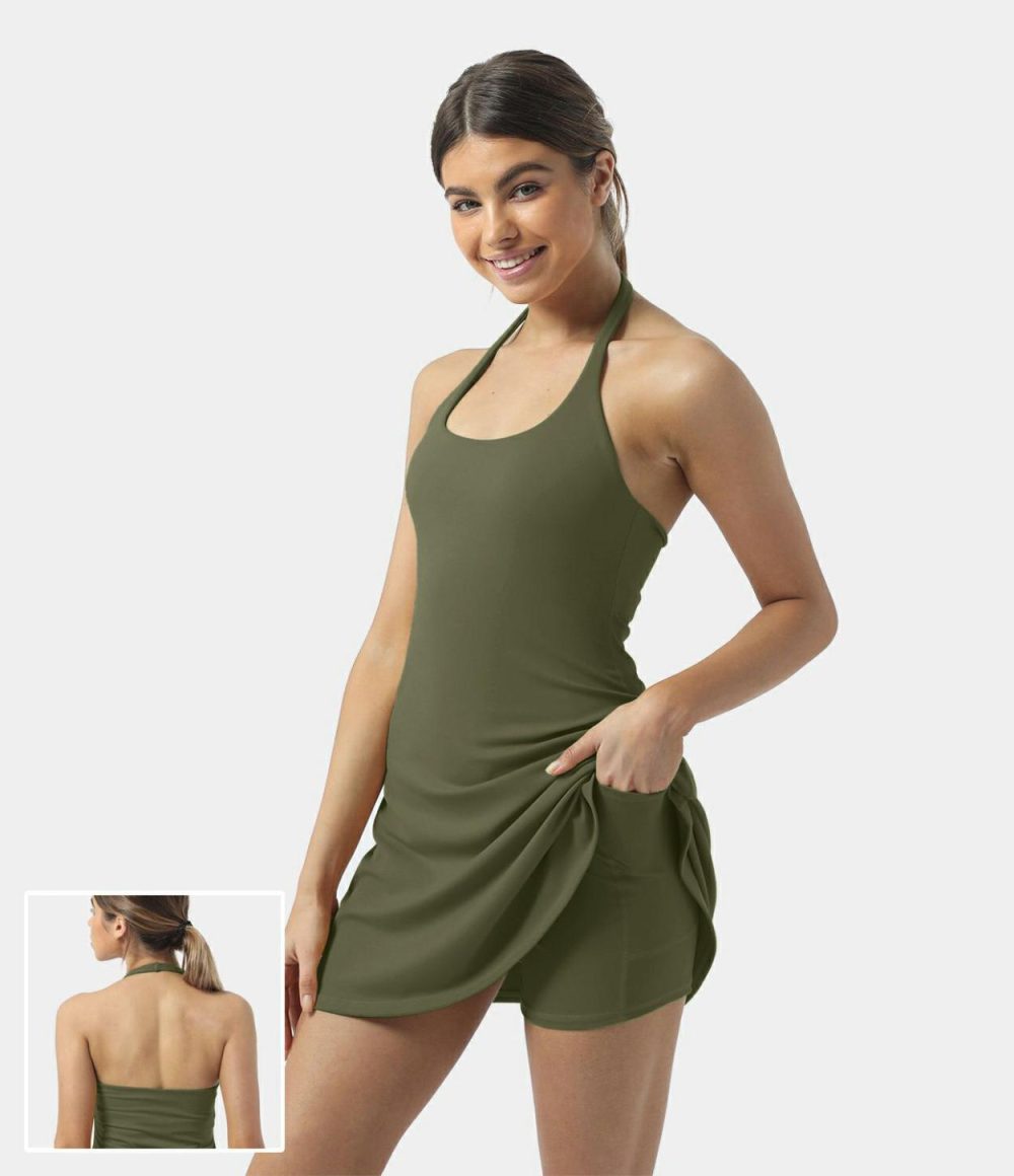 Softlyzero™ Plush Halter Backless 2-in-1 Pocket Mini Slip Active Dress  | Womens  Active Dresses Active Dresses Active Dresses