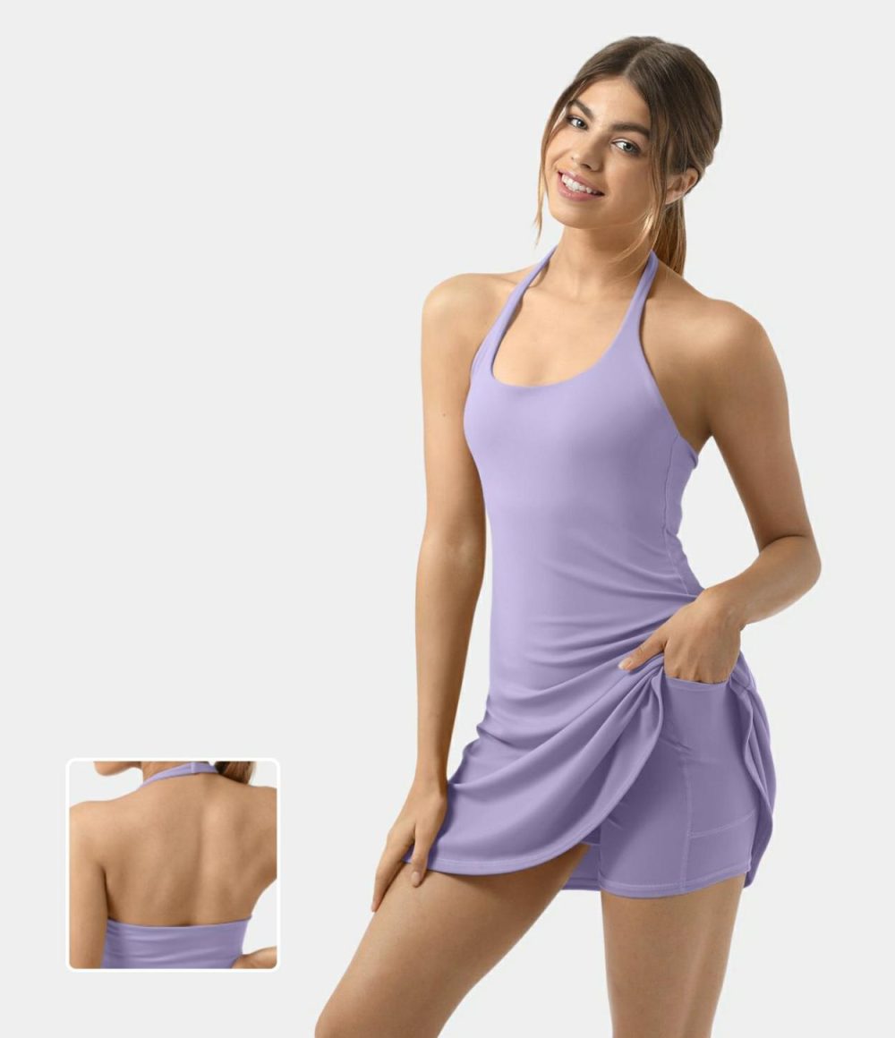 Softlyzero™ Plush Halter Backless 2-in-1 Pocket Mini Slip Active Dress  | Womens  Active Dresses Active Dresses Active Dresses