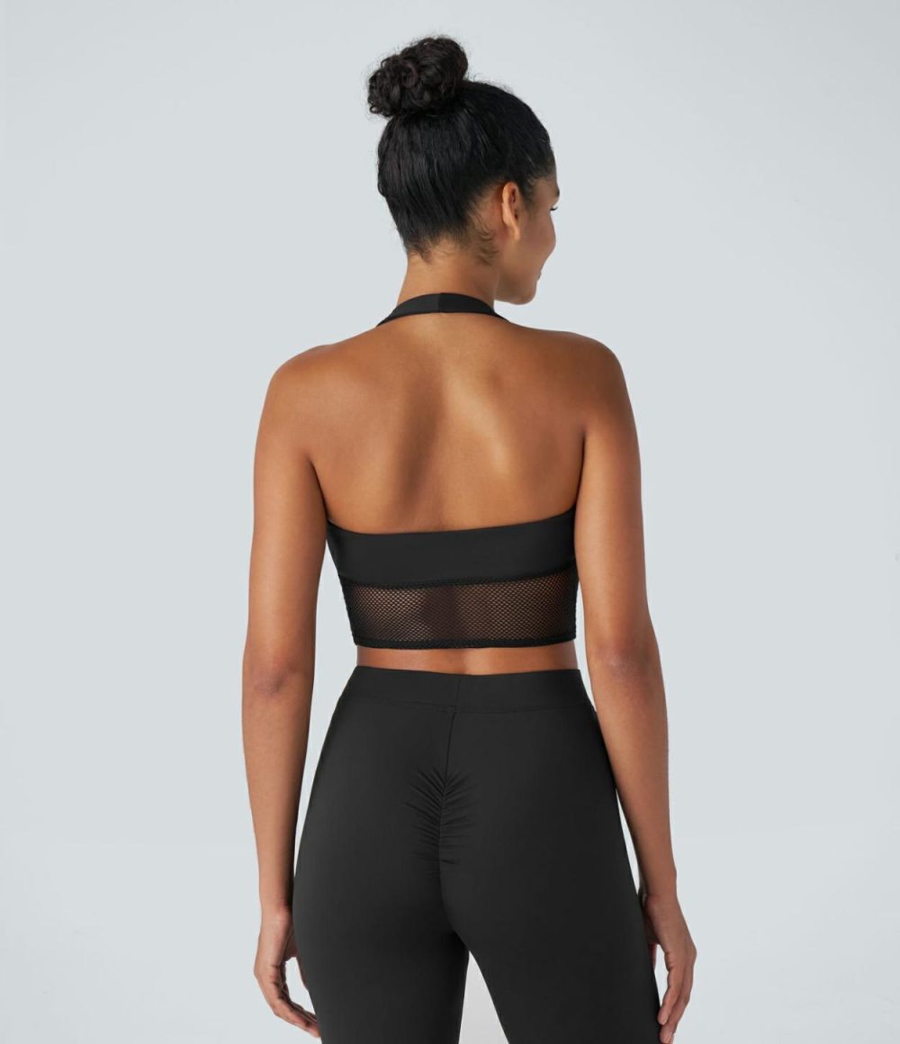 Softlyzero™ Plush Halter Backless Contrast Mesh Cropped Casual Sports Top  | Womens  Sports Tops Clothing Black/White