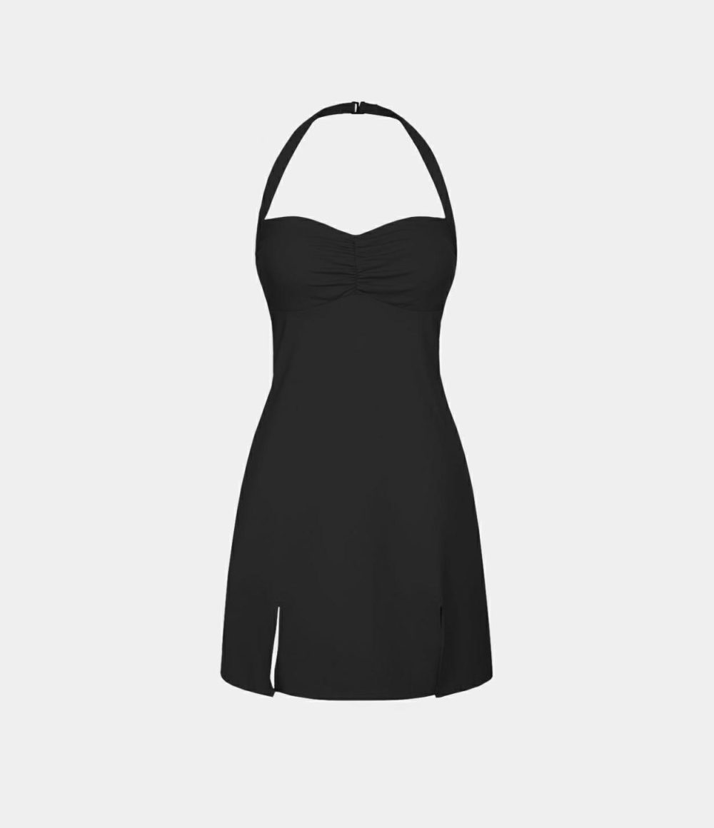 Softlyzero™ Plush Halter Ruched Backless Split Hem Mini Pickleball Active Dress  | Womens  Active Dresses Active Dresses Active Dresses