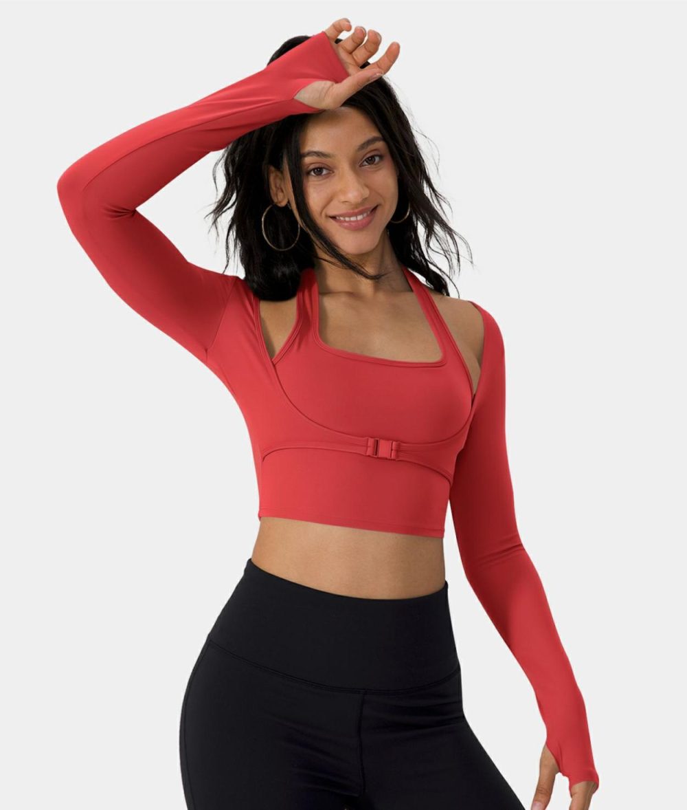 Softlyzero™ Plush Halter Thumb Hole Long Sleeve Cropped 2-in-1 Sports Top  | Womens  Sports Tops Clothing Black/Tomato/Red Mahogany/Peacoat/Pinecone/Solitary Star/Tulip Purple/Grass Grey Green/Begonia Rouge/Warm Mid Blue