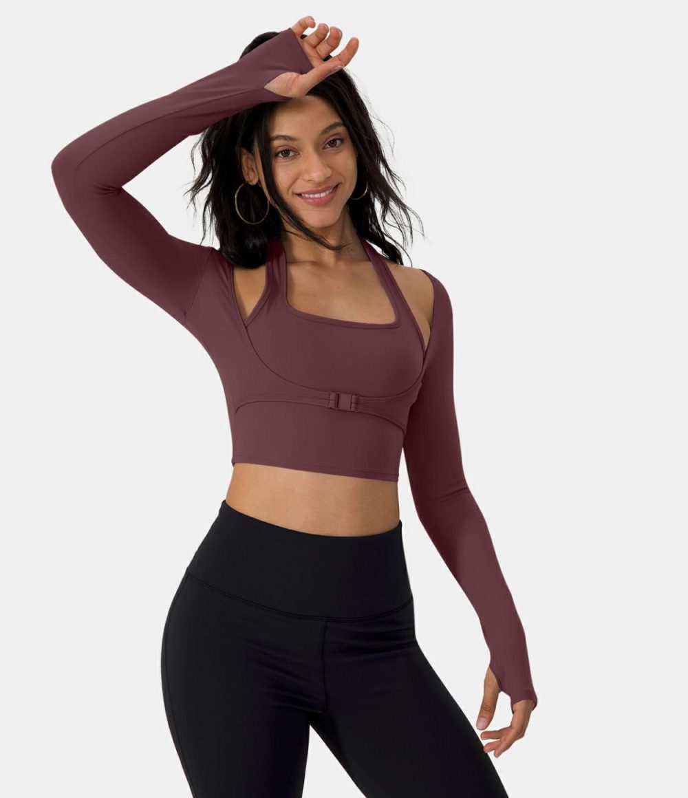 Softlyzero™ Plush Halter Thumb Hole Long Sleeve Cropped 2-in-1 Sports Top  | Womens  Sports Tops Clothing Black/Tomato/Red Mahogany/Peacoat/Pinecone/Solitary Star/Tulip Purple/Grass Grey Green/Begonia Rouge/Warm Mid Blue