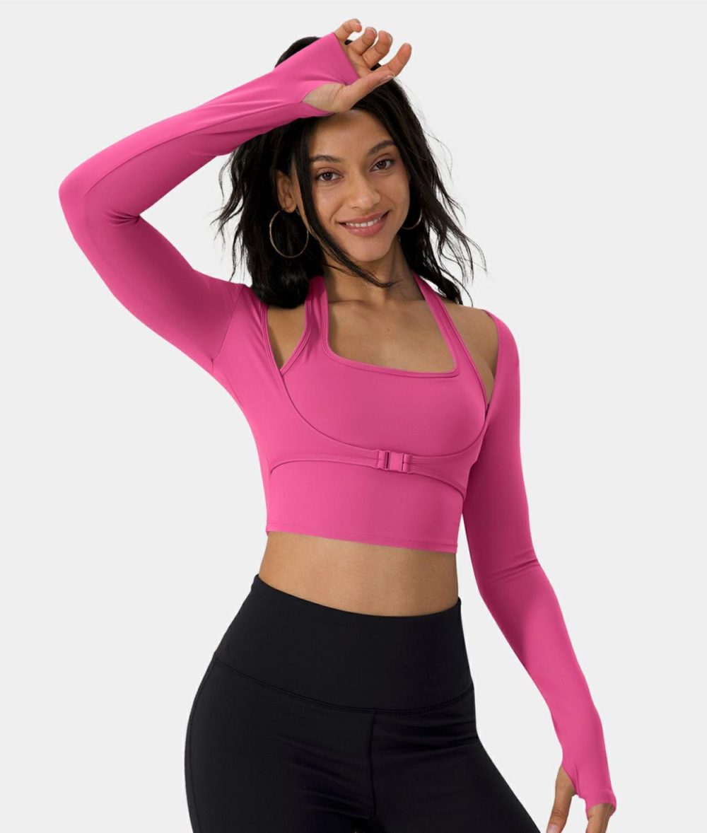 Softlyzero™ Plush Halter Thumb Hole Long Sleeve Cropped 2-in-1 Yoga Sports Top  | Womens  Sports Tops Clothing Sports Tops