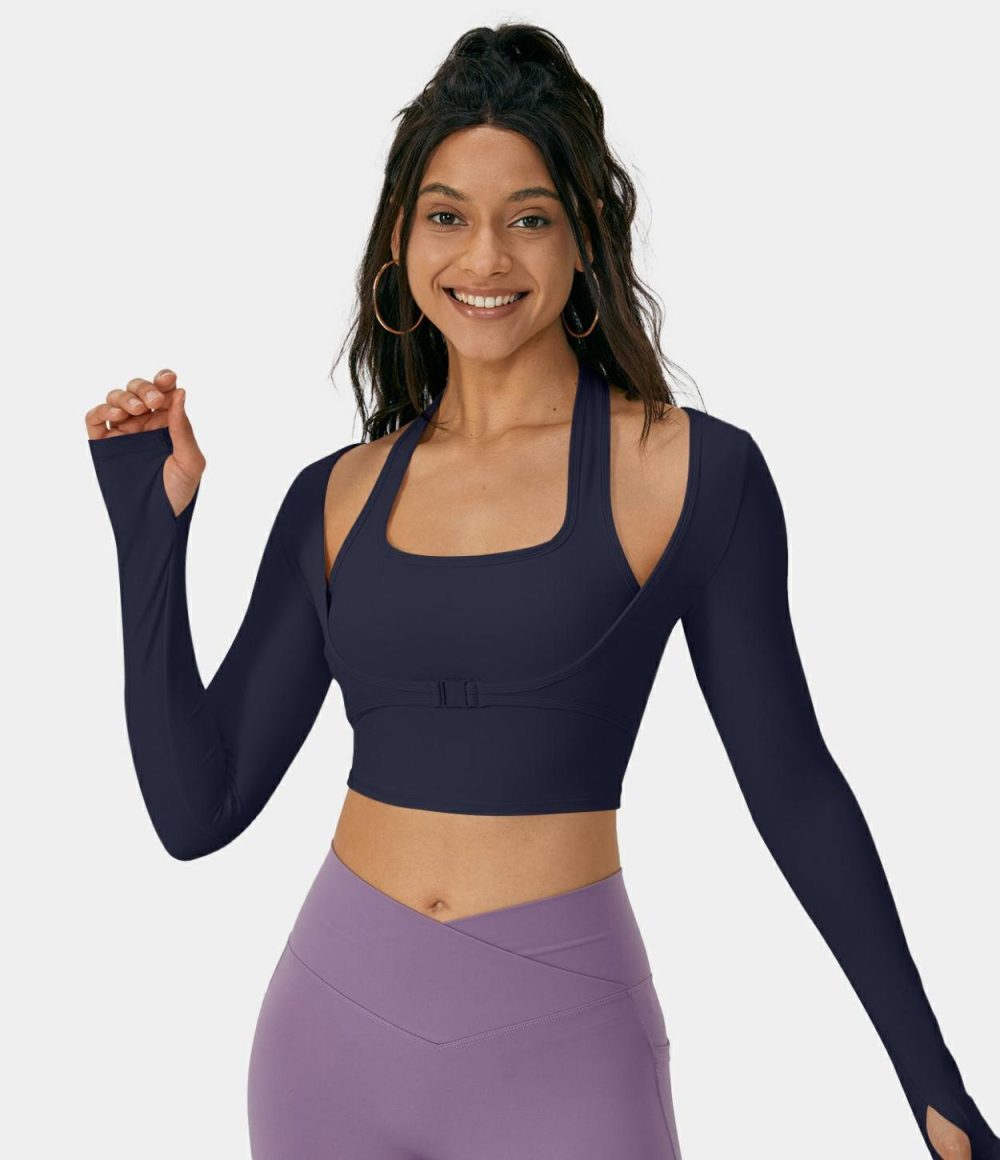 Softlyzero™ Plush Halter Thumb Hole Long Sleeve Cropped 2-in-1 Yoga Sports Top  | Womens  Sports Tops Clothing Sports Tops