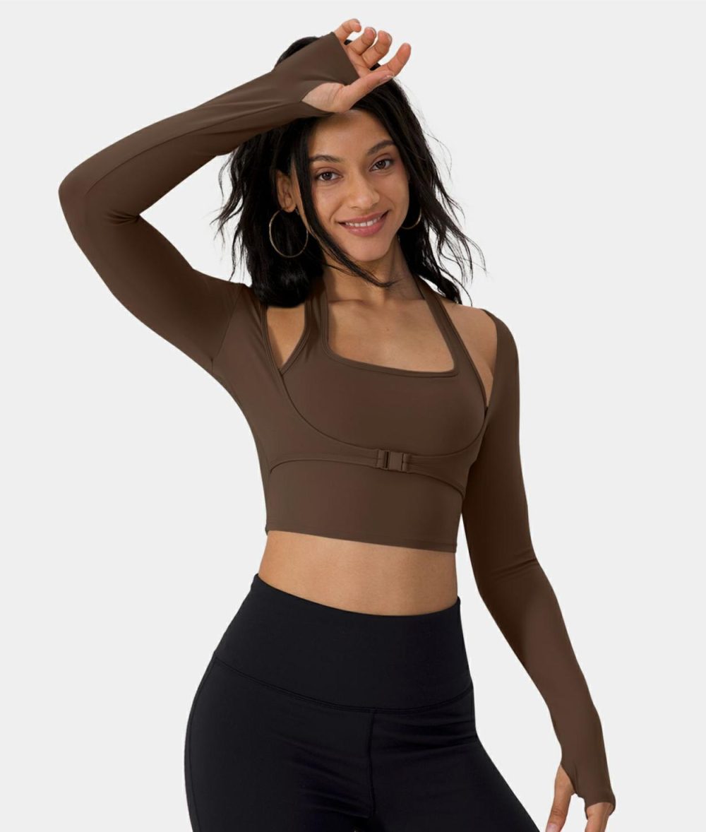 Softlyzero™ Plush Halter Thumb Hole Long Sleeve Cropped 2-in-1 Yoga Sports Top  | Womens  Sports Tops Clothing Sports Tops