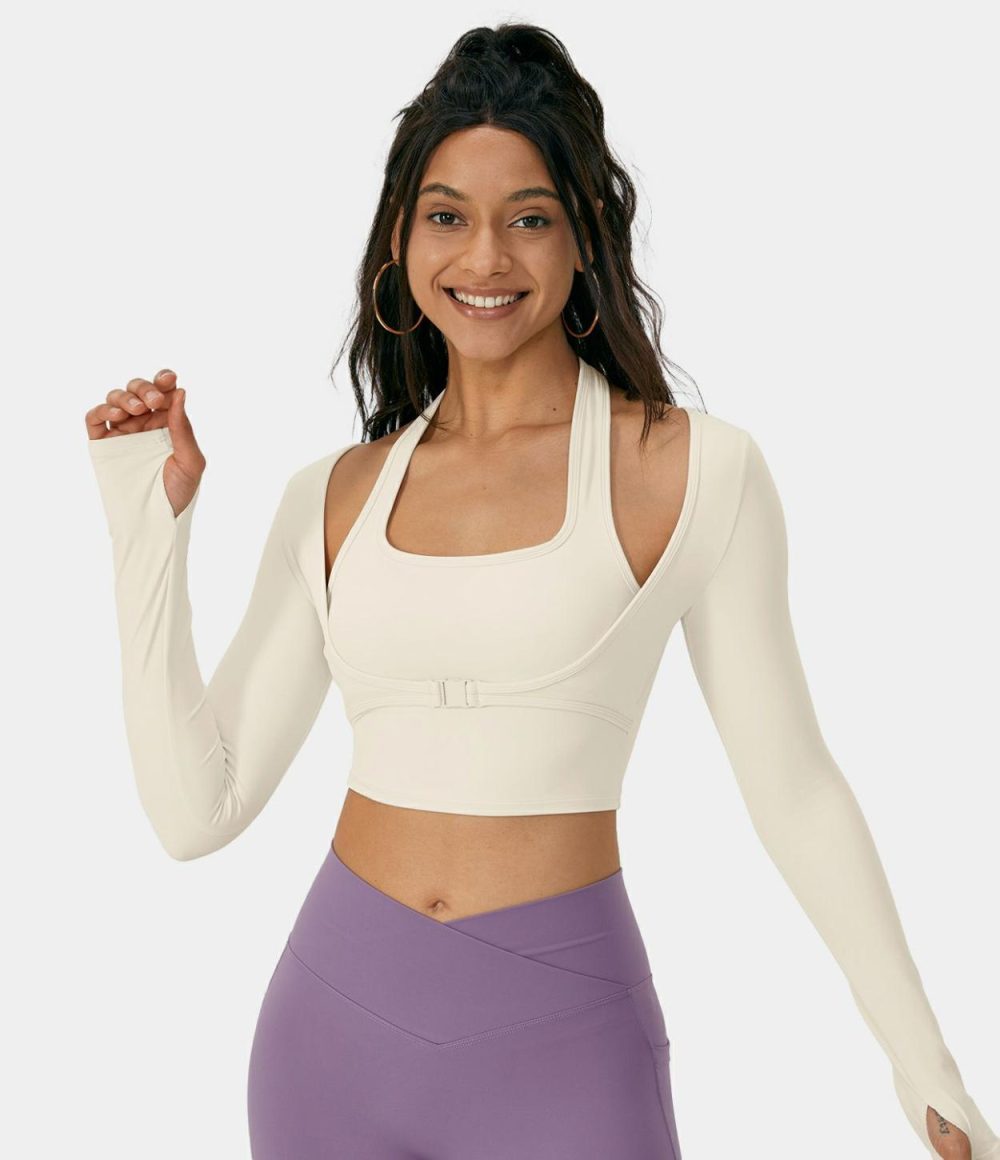 Softlyzero™ Plush Halter Thumb Hole Long Sleeve Cropped 2-in-1 Yoga Sports Top  | Womens  Sports Tops Clothing Sports Tops