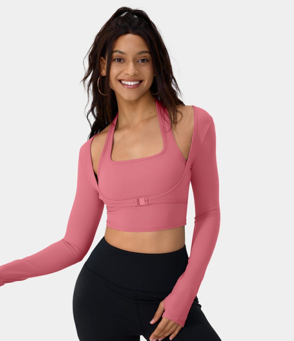 Softlyzero™ Plush Halter Thumb Hole Long Sleeve Cropped 2-in-1 Yoga Sports Top  | Womens  Sports Tops Clothing Sports Tops