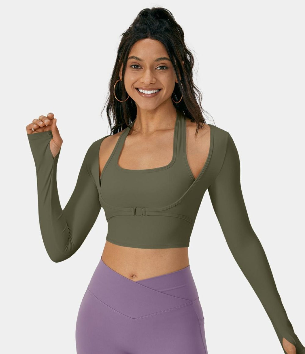 Softlyzero™ Plush Halter Thumb Hole Long Sleeve Cropped 2-in-1 Yoga Sports Top  | Womens  Sports Tops Clothing Sports Tops