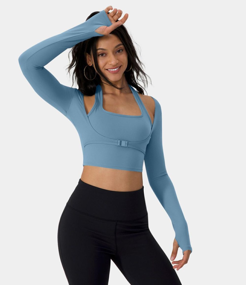 Softlyzero™ Plush Halter Thumb Hole Long Sleeve Cropped 2-in-1 Yoga Sports Top  | Womens  Sports Tops Clothing Sports Tops