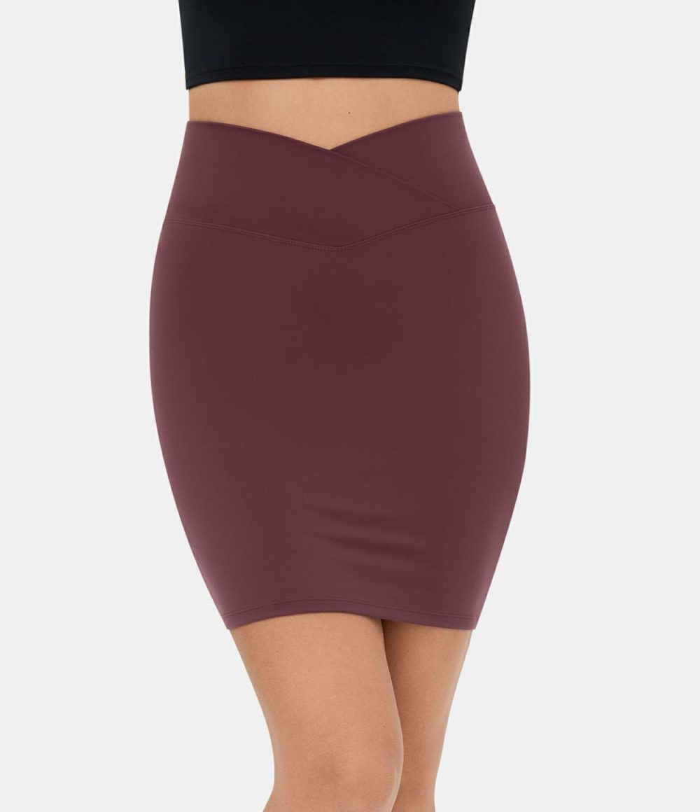 Softlyzero™ Plush High Waisted Crossover Back Pocket Bodycon Mini Casual Skirt  | Womens  Mini Skirts Clothing Mini Skirts