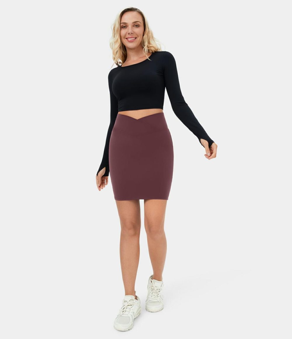 Softlyzero™ Plush High Waisted Crossover Back Pocket Bodycon Mini Casual Skirt  | Womens  Mini Skirts Clothing Mini Skirts