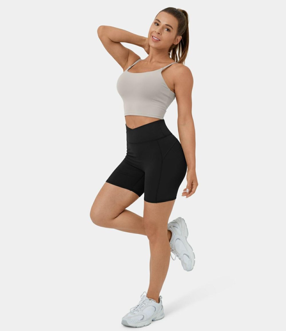 Softlyzero™ Plush High Waisted Crossover Ruched Plain Yoga Biker Shorts 5”  | Womens  Crossover Shorts Clothing Crossover Shorts