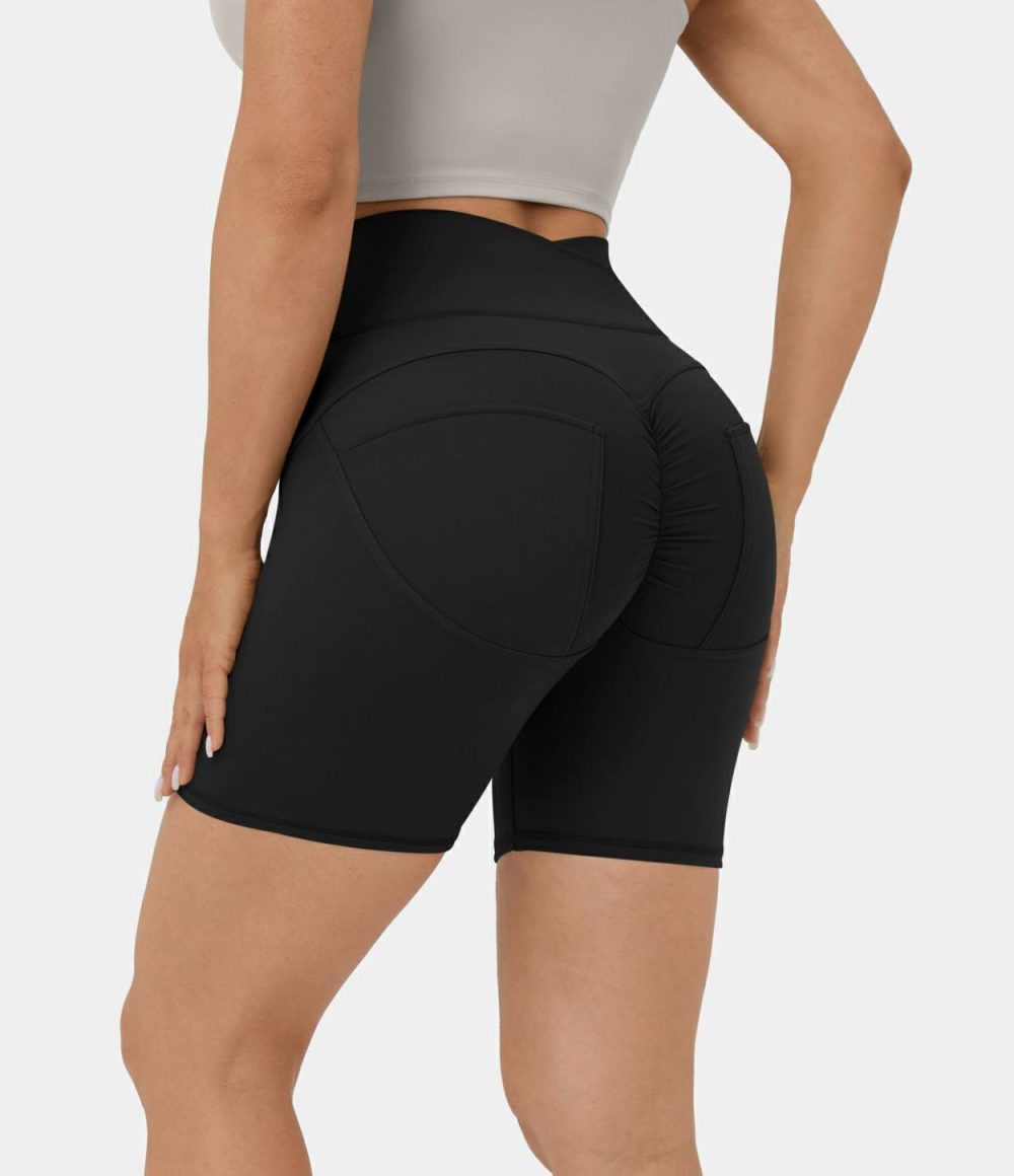 Softlyzero™ Plush High Waisted Crossover Ruched Plain Yoga Biker Shorts 5”  | Womens  Crossover Shorts Clothing Crossover Shorts