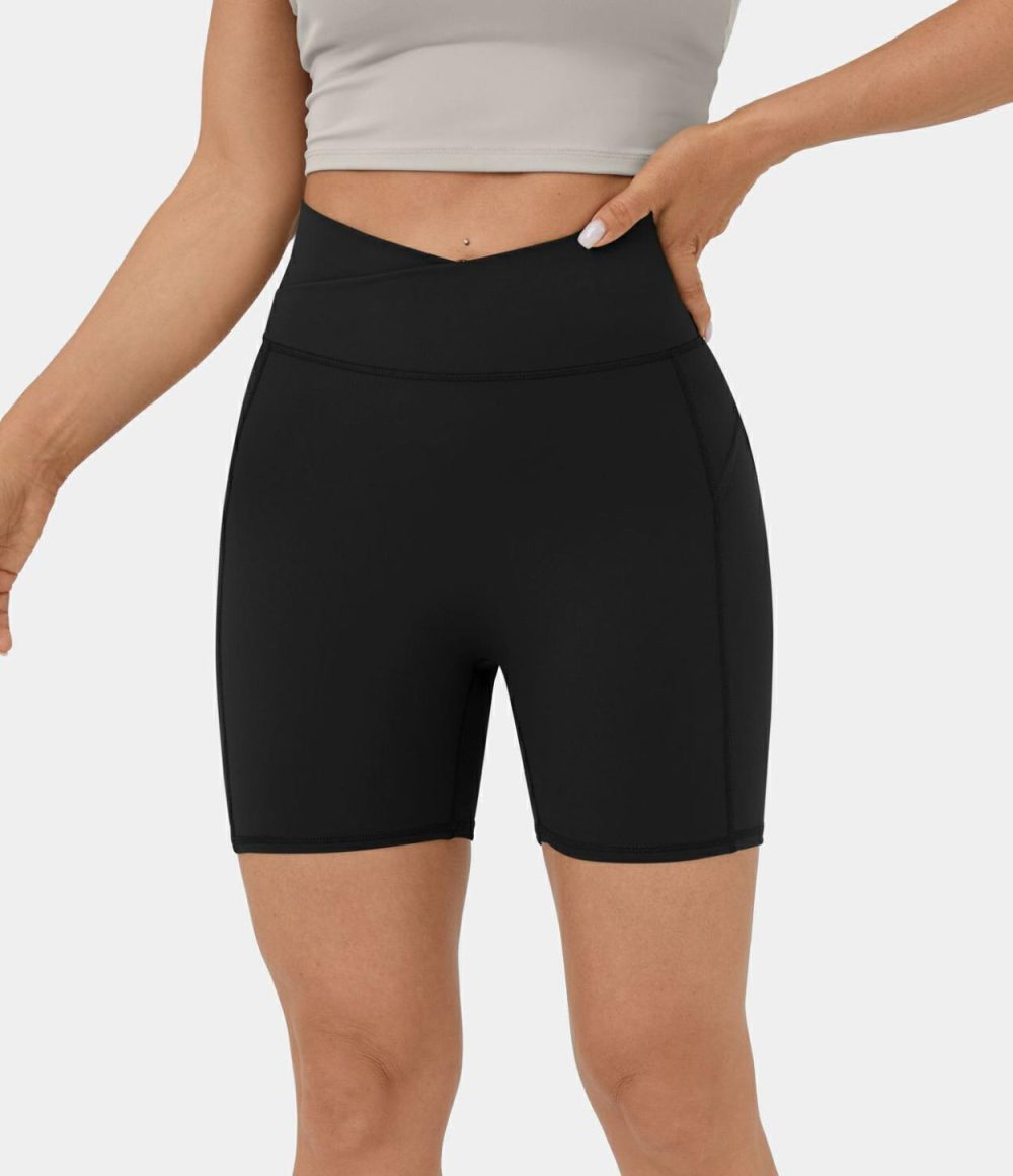 Softlyzero™ Plush High Waisted Crossover Ruched Plain Yoga Biker Shorts 5”  | Womens  Crossover Shorts Clothing Crossover Shorts