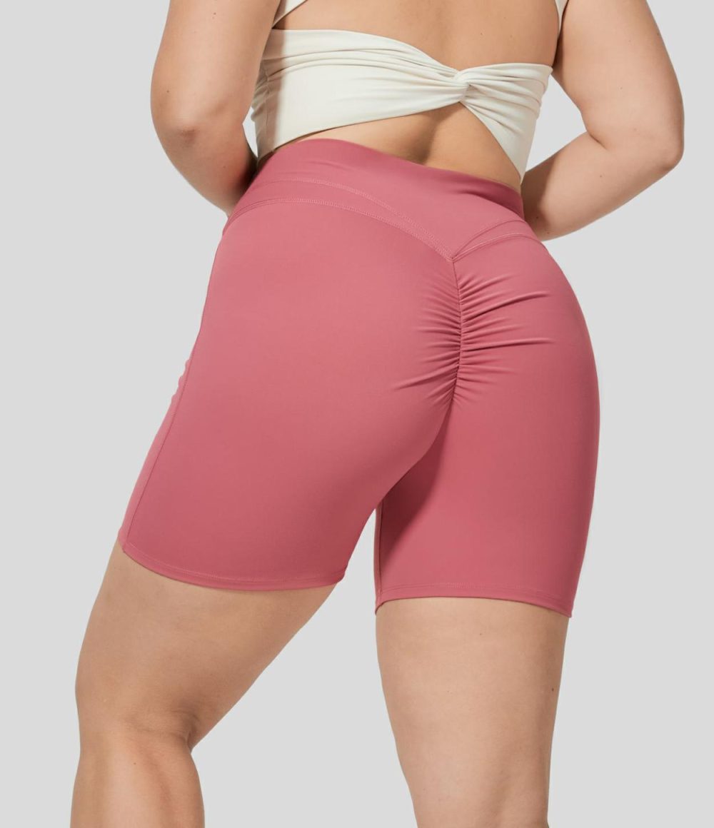 Softlyzero™ Plush High Waisted Crossover Ruched Yoga Plus Size Shorts 5”  | Womens  Crossover Shorts Clothing Begonia Rouge/Black