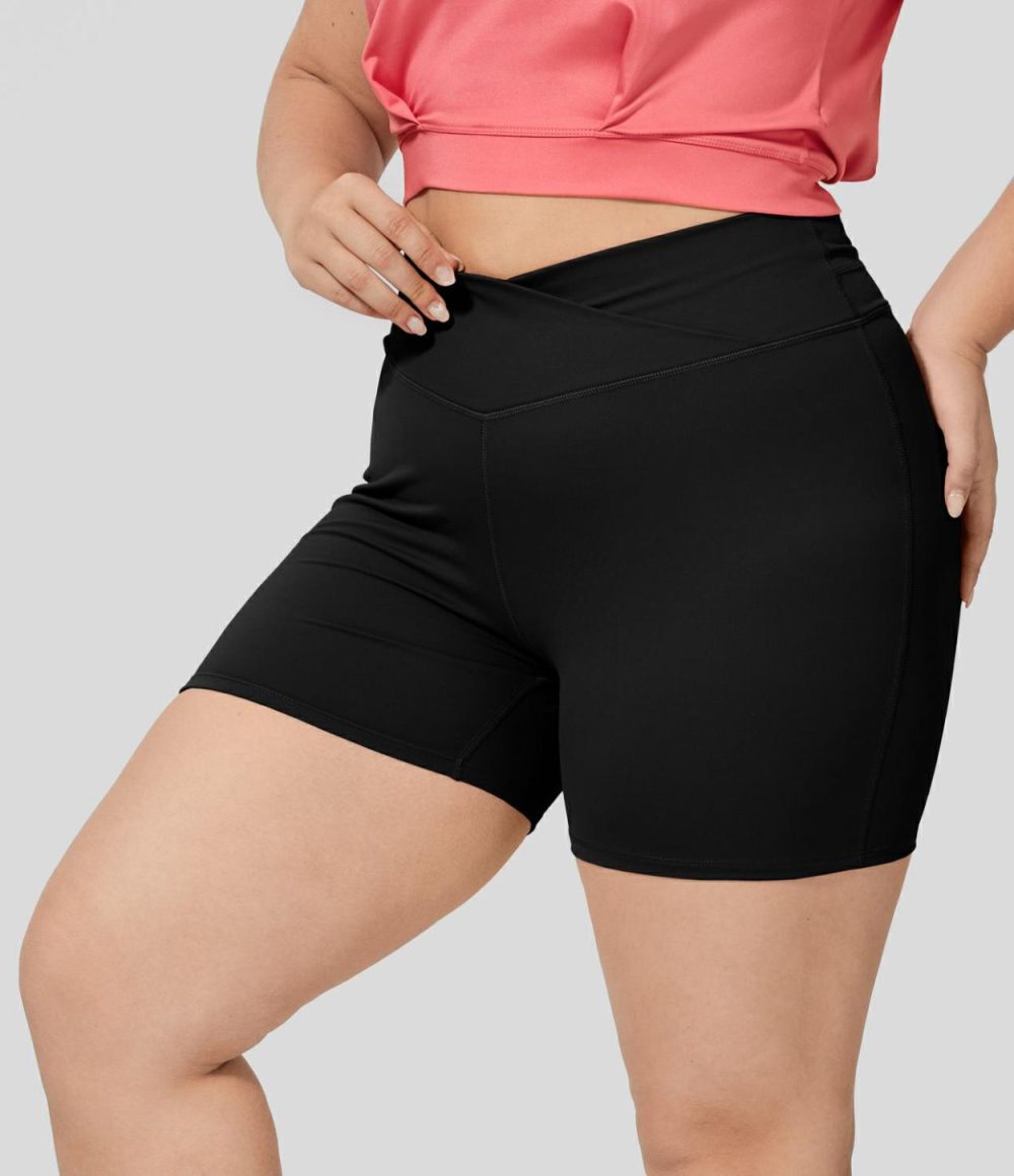 Softlyzero™ Plush High Waisted Crossover Ruched Yoga Plus Size Shorts 5”  | Womens  Crossover Shorts Clothing Begonia Rouge/Black