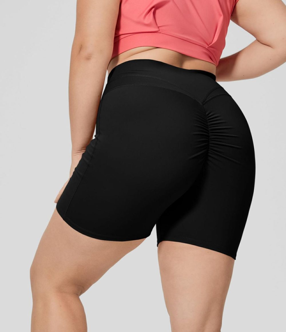 Softlyzero™ Plush High Waisted Crossover Ruched Yoga Plus Size Shorts 5”  | Womens  Crossover Shorts Clothing Begonia Rouge/Black