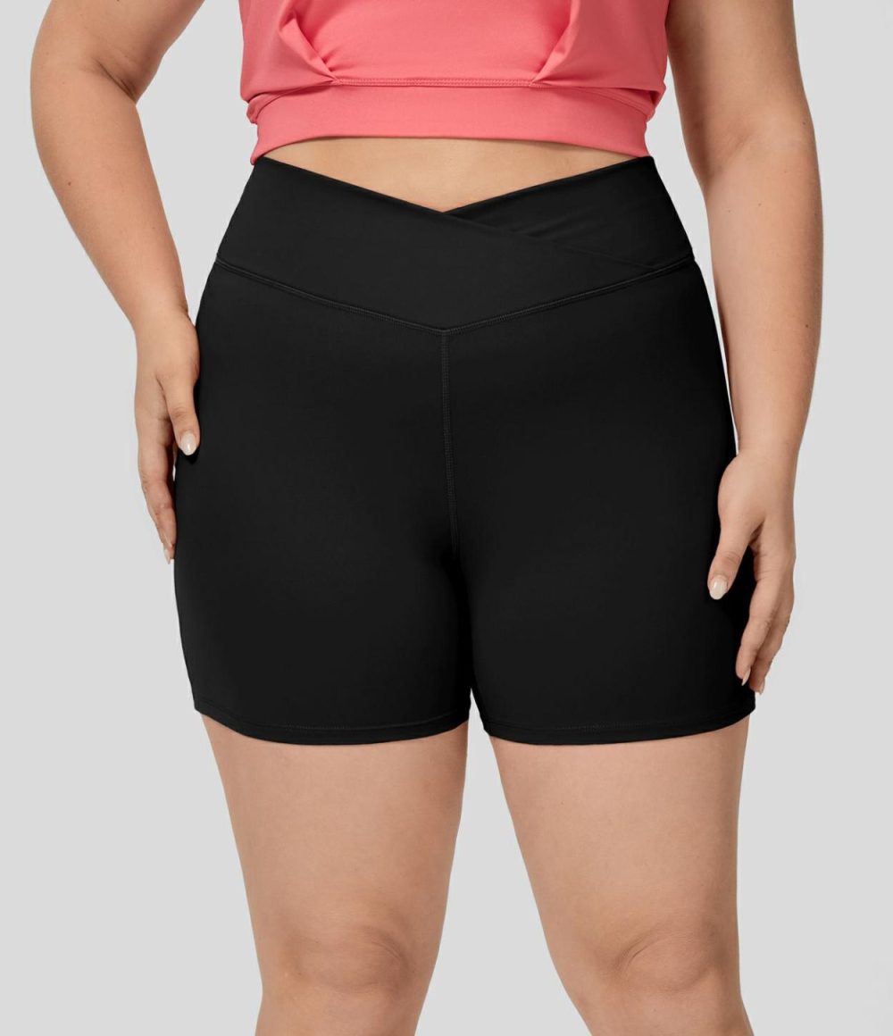 Softlyzero™ Plush High Waisted Crossover Ruched Yoga Plus Size Shorts 5”  | Womens  Crossover Shorts Clothing Begonia Rouge/Black