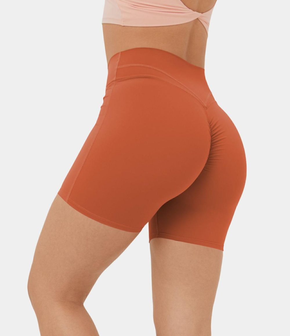 Softlyzero™ Plush High Waisted Crossover Ruched Yoga Shorts 5”  | Womens  Crossover Shorts Clothing Begonia Rouge/Peacoat/Crisp Yellow/Orange Rust/Black/Tigerlily/Sun Orange/Poinsettia/Fuchsia Purple/Baroque Blue