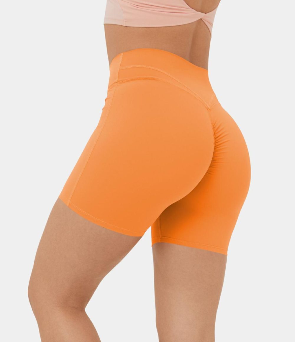 Softlyzero™ Plush High Waisted Crossover Ruched Yoga Shorts 5”  | Womens  Crossover Shorts Clothing Begonia Rouge/Peacoat/Crisp Yellow/Orange Rust/Black/Tigerlily/Sun Orange/Poinsettia/Fuchsia Purple/Baroque Blue