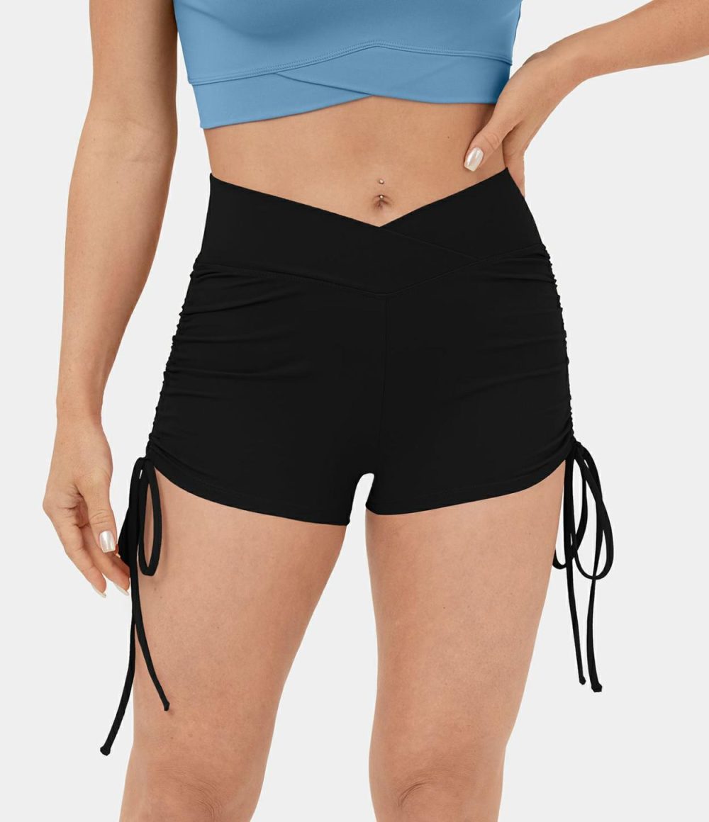 Softlyzero™ Plush High Waisted Crossover Side Drawstring Yoga Shorts 2.5″  | Womens  Crossover Shorts Clothing Begonia Rouge/Black