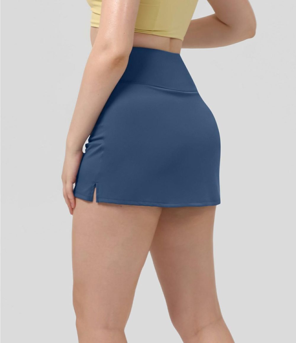 Softlyzero™ Plush High Waisted Crossover Split Hem 2-in-1 Side Pocket A Line Mini Casual Skirt  | Womens  Mini Skirts Clothing Dark Turquoise/White