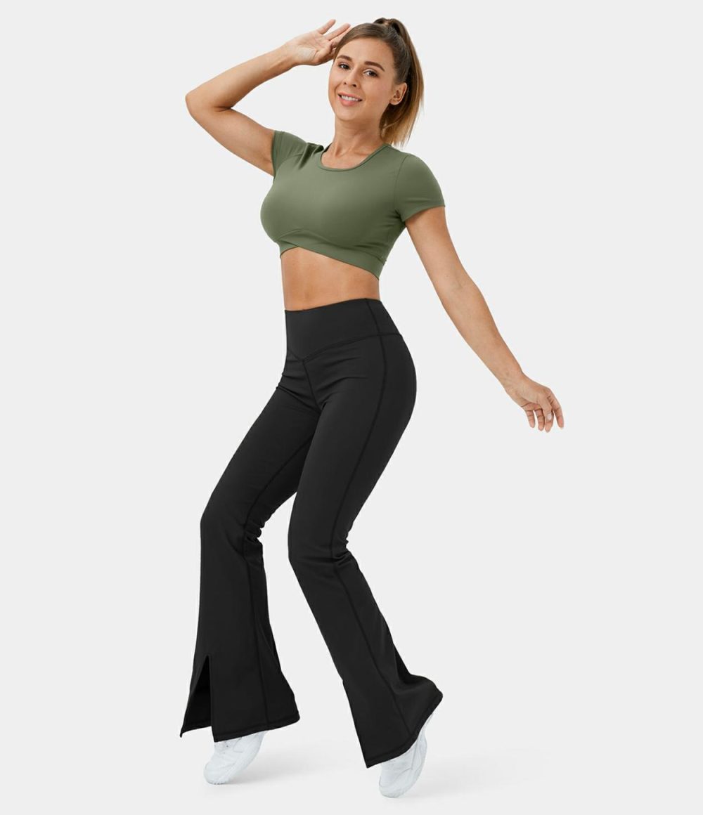 Softlyzero™ Plush High Waisted Split Hem Super Flare Yoga Leggings  | Womens  Flare Leggings Clothing Black/Grass Grey Green