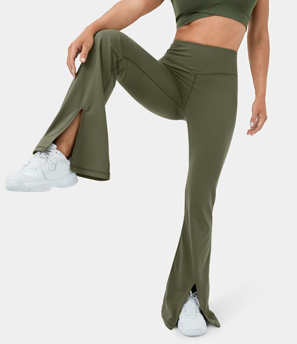 Softlyzero™ Plush High Waisted Split Hem Super Flare Yoga Leggings  | Womens  Flare Leggings Clothing Black/Grass Grey Green