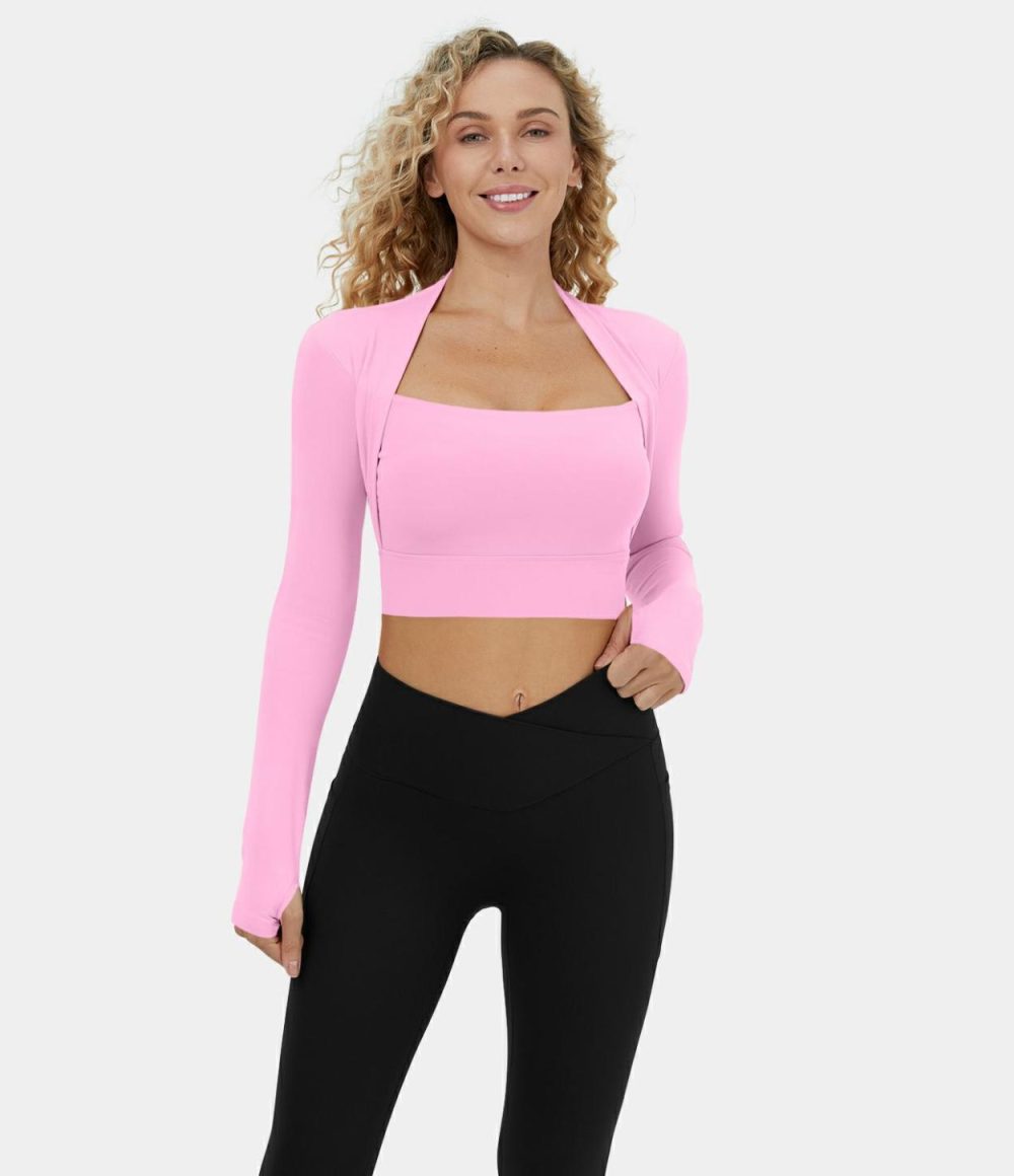 Softlyzero™ Plush Long Sleeve Thumb Hole 2-in-1 Cropped Yoga Sports Top  | Womens  Sports Tops Clothing Black/Nosegay/White/Chestnut Brown/Quetzal Green/Lotus Blue/Light Grey Blue