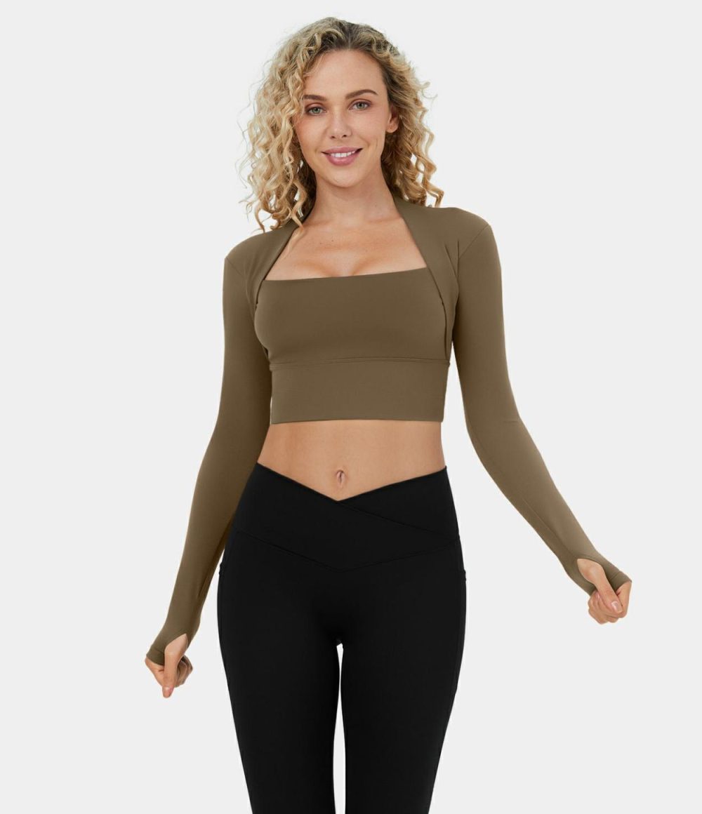 Softlyzero™ Plush Long Sleeve Thumb Hole 2-in-1 Cropped Yoga Sports Top  | Womens  Sports Tops Clothing Black/Nosegay/White/Chestnut Brown/Quetzal Green/Lotus Blue/Light Grey Blue