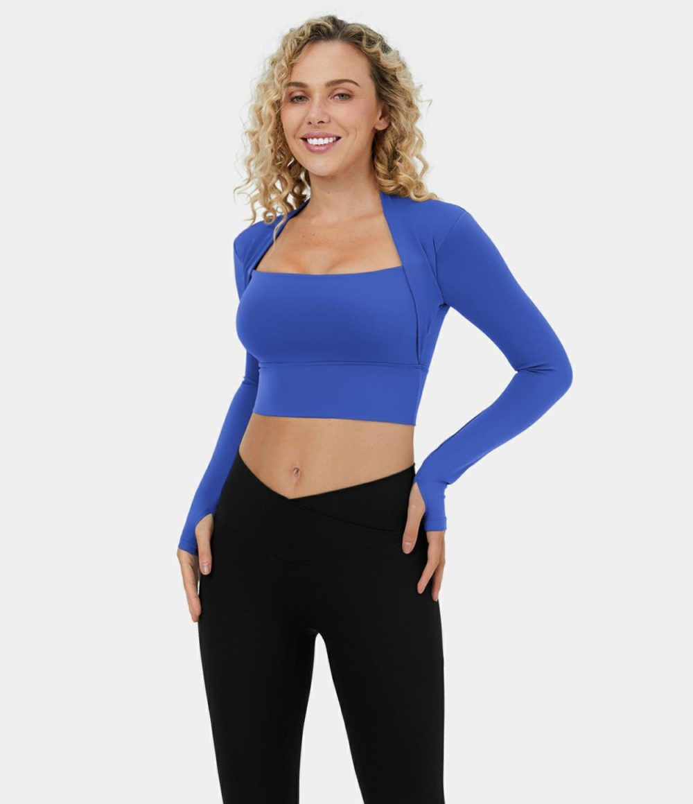 Softlyzero™ Plush Long Sleeve Thumb Hole 2-in-1 Cropped Yoga Sports Top  | Womens  Sports Tops Clothing Black/Nosegay/White/Chestnut Brown/Quetzal Green/Lotus Blue/Light Grey Blue