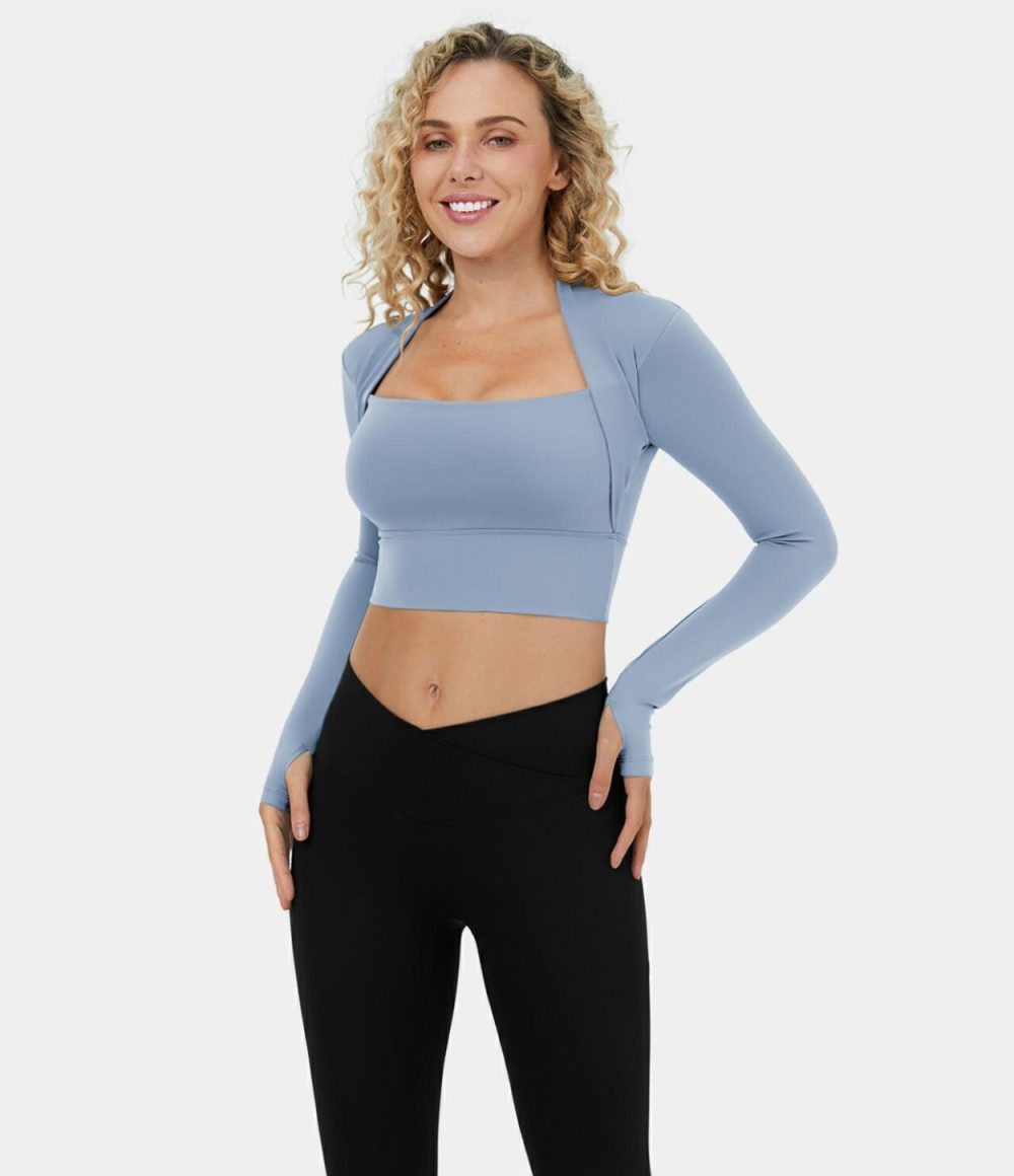 Softlyzero™ Plush Long Sleeve Thumb Hole 2-in-1 Cropped Yoga Sports Top  | Womens  Sports Tops Clothing Black/Nosegay/White/Chestnut Brown/Quetzal Green/Lotus Blue/Light Grey Blue