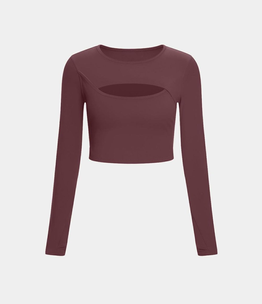 Softlyzero™ Plush Long Sleeve Thumb Hole Cut Out Cropped Dance Sports Top  | Womens  Sports Tops Clothing Red Mahogany/Black/White/Nosegay