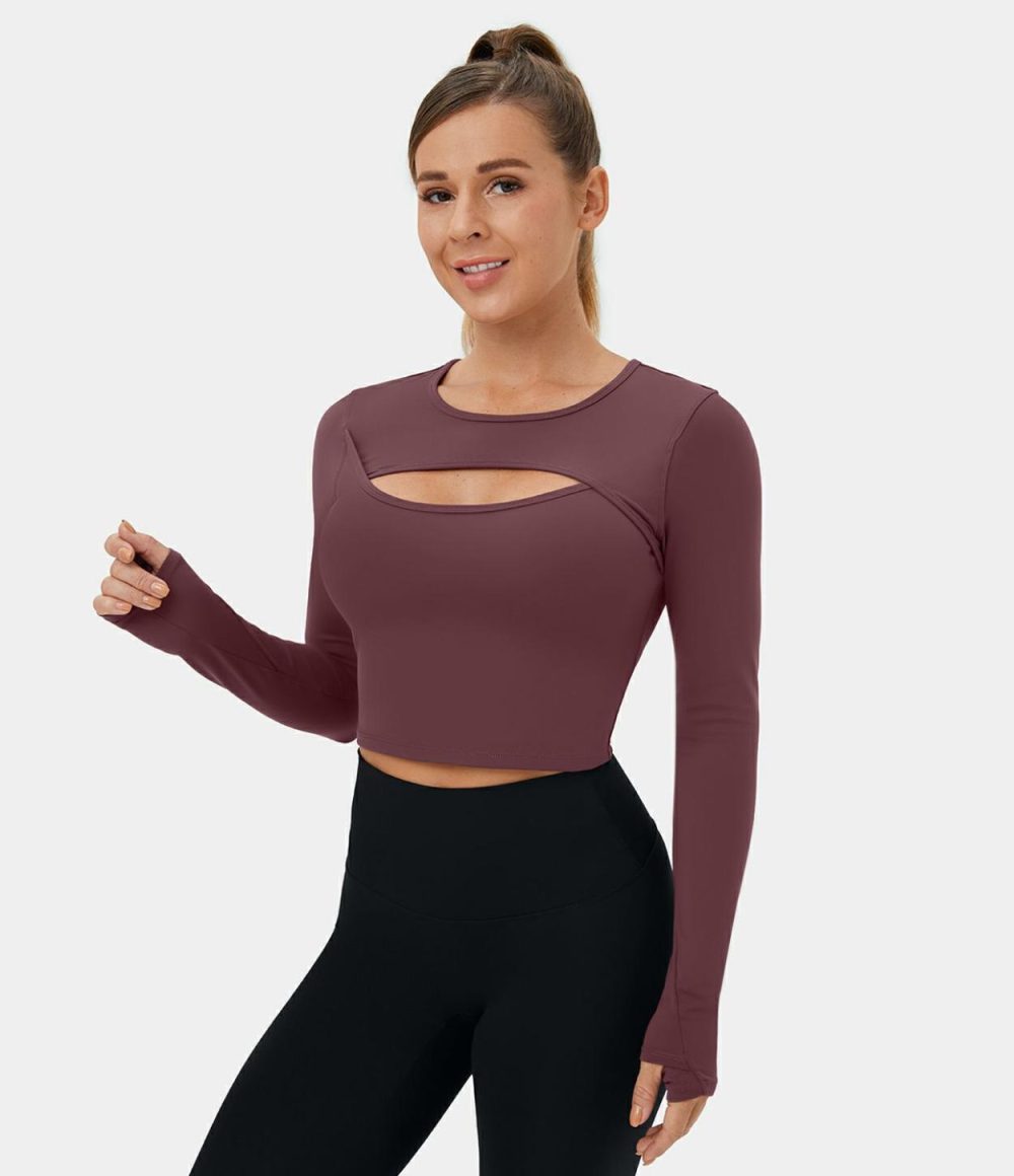 Softlyzero™ Plush Long Sleeve Thumb Hole Cut Out Cropped Dance Sports Top  | Womens  Sports Tops Clothing Sports Tops