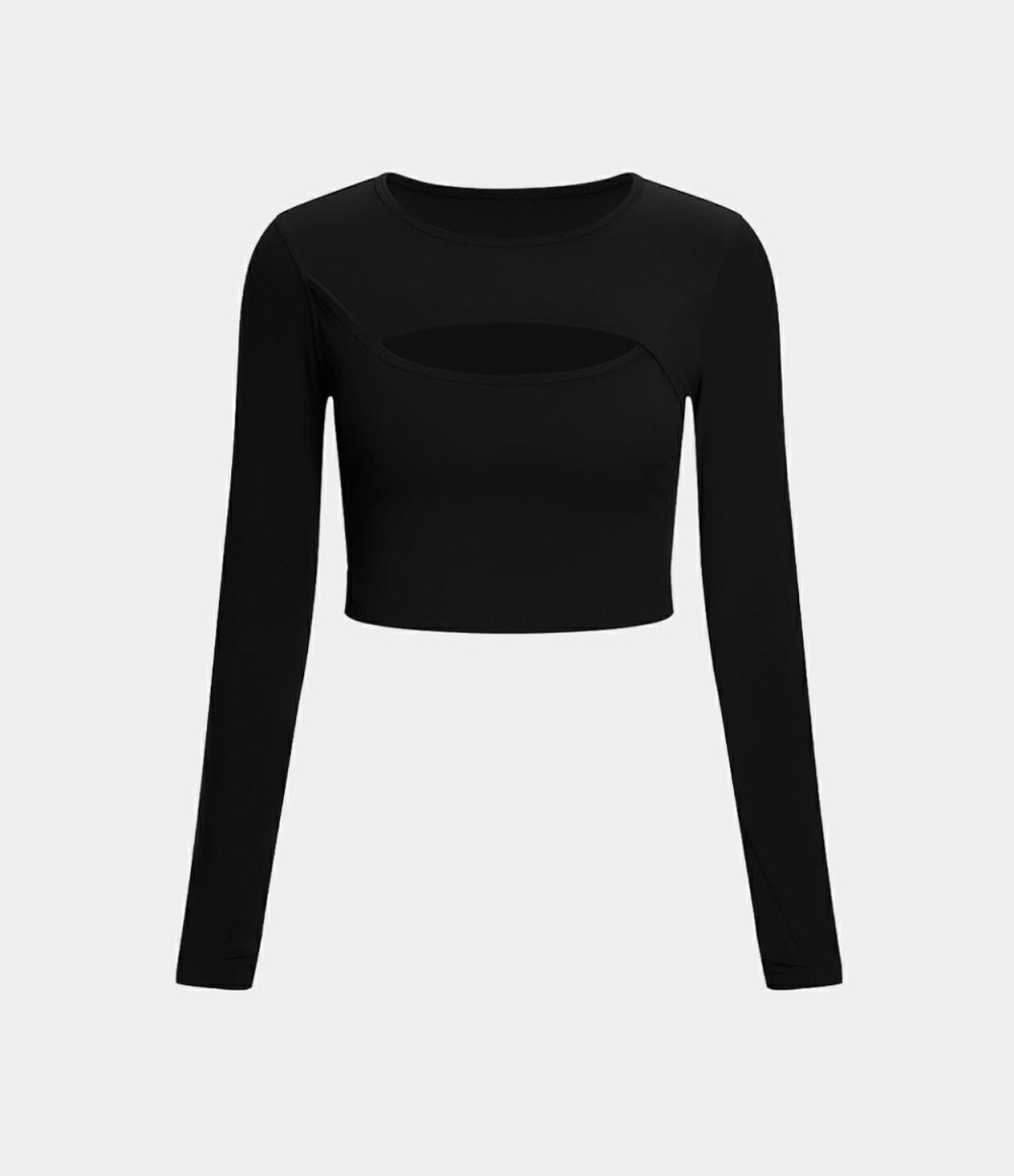 Softlyzero™ Plush Long Sleeve Thumb Hole Cut Out Cropped Dance Sports Top  | Womens  Sports Tops Clothing Red Mahogany/Black/White/Nosegay