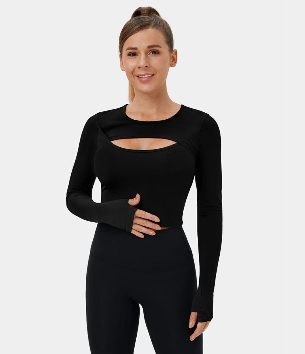 Softlyzero™ Plush Long Sleeve Thumb Hole Cut Out Cropped Dance Sports Top  | Womens  Sports Tops Clothing Sports Tops