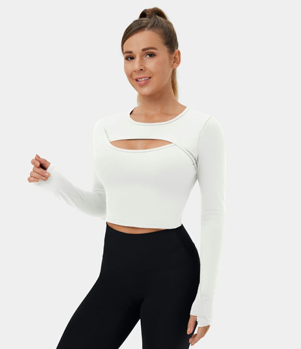 Softlyzero™ Plush Long Sleeve Thumb Hole Cut Out Cropped Dance Sports Top  | Womens  Sports Tops Clothing Red Mahogany/Black/White/Nosegay