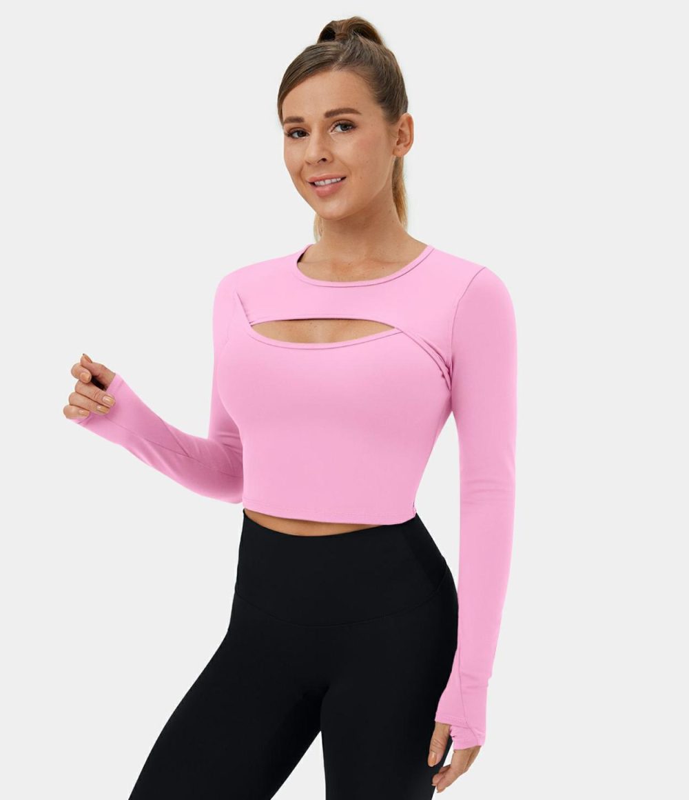 Softlyzero™ Plush Long Sleeve Thumb Hole Cut Out Cropped Dance Sports Top  | Womens  Sports Tops Clothing Sports Tops