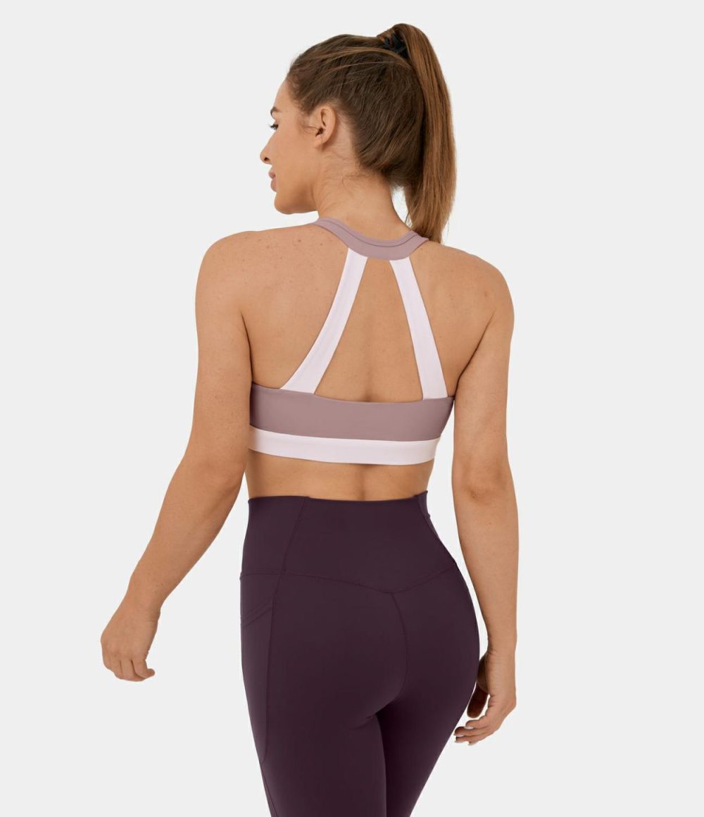 Softlyzero™ Plush Low Support Backless Ruched Color Block Yoga Sports Bra  | Womens  Sports Bras Clothing Dark Turquoise/Ash Rose/Black/White/Subtle Green