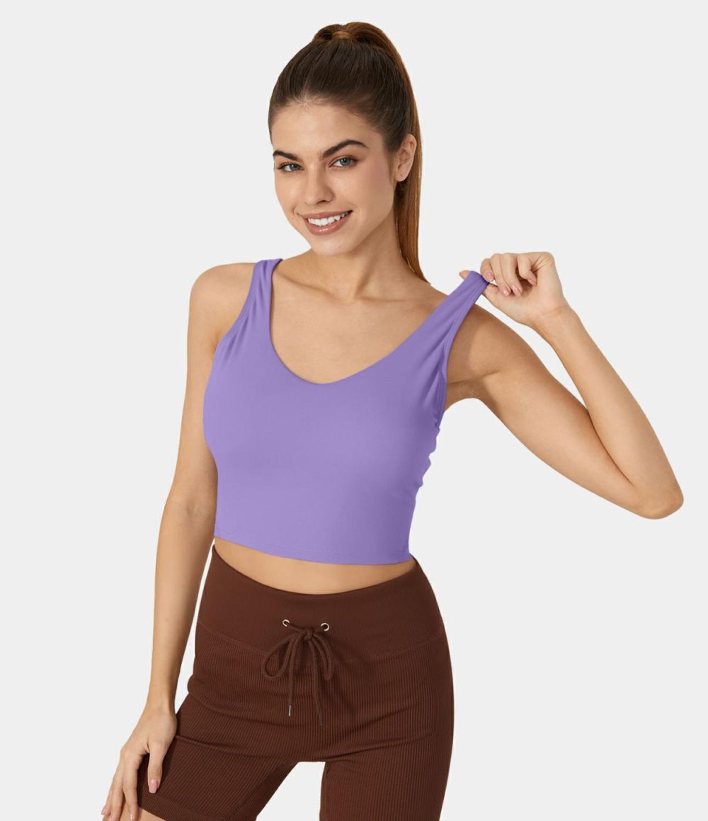 Softlyzero™ Plush Padded V Neck Cropped Yoga Tank Top-DD/DDD/F Cups  | Womens  Cropped Tops Clothing Black/Paisley Purple