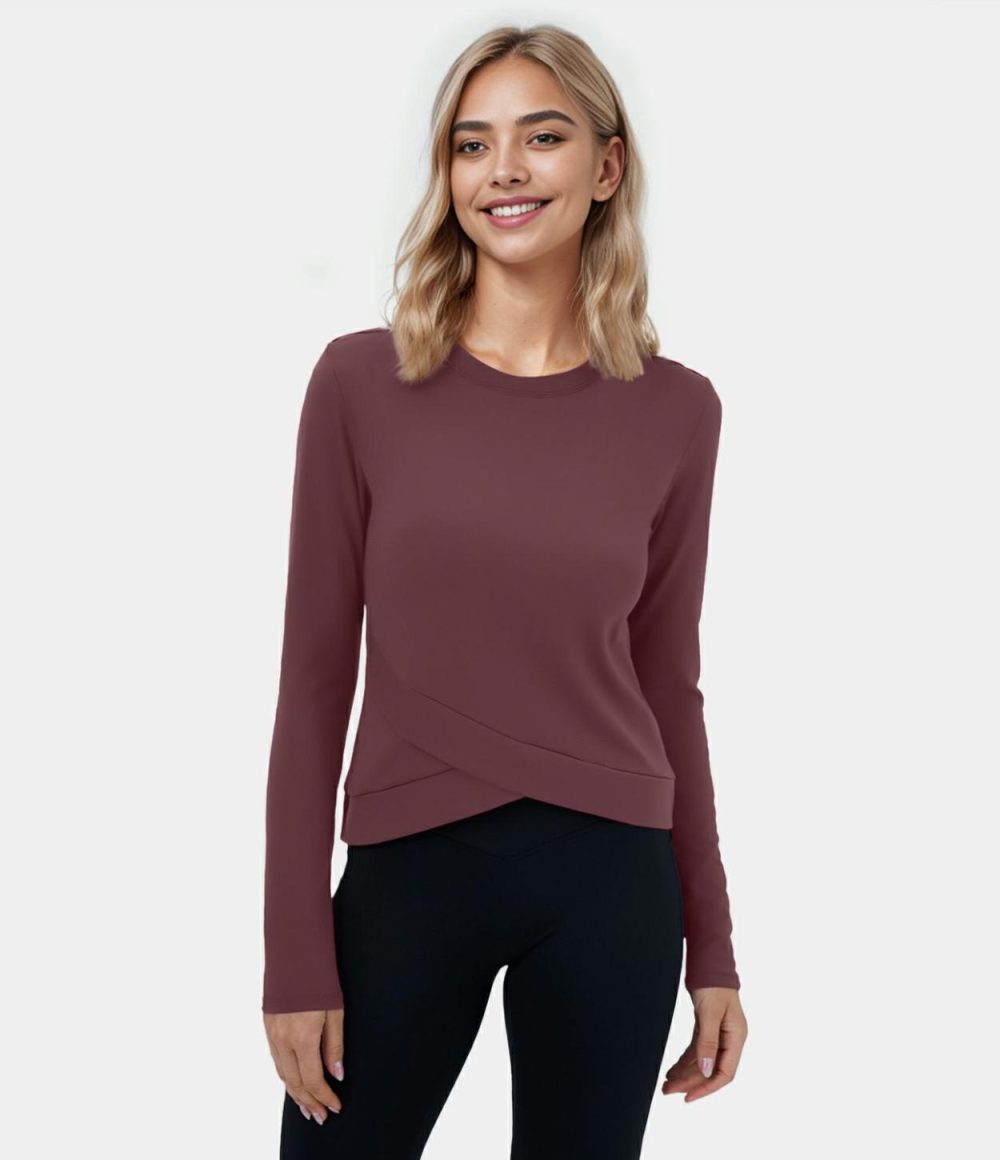 Softlyzero™ Plush Round Neck Crossover Hem Yoga Sports Top  | Womens  Sports Tops Clothing Red Mahogany/Black/Solitary Star/Tulip Purple