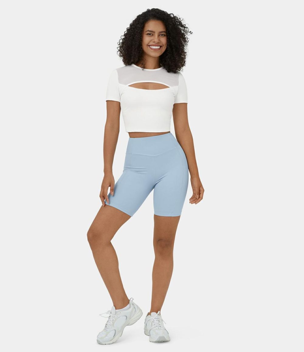 Softlyzero™ Plush Round Neck Cut Out Contrast Mesh Cropped Casual Sports Top  | Womens  Sports Tops Clothing Sports Tops