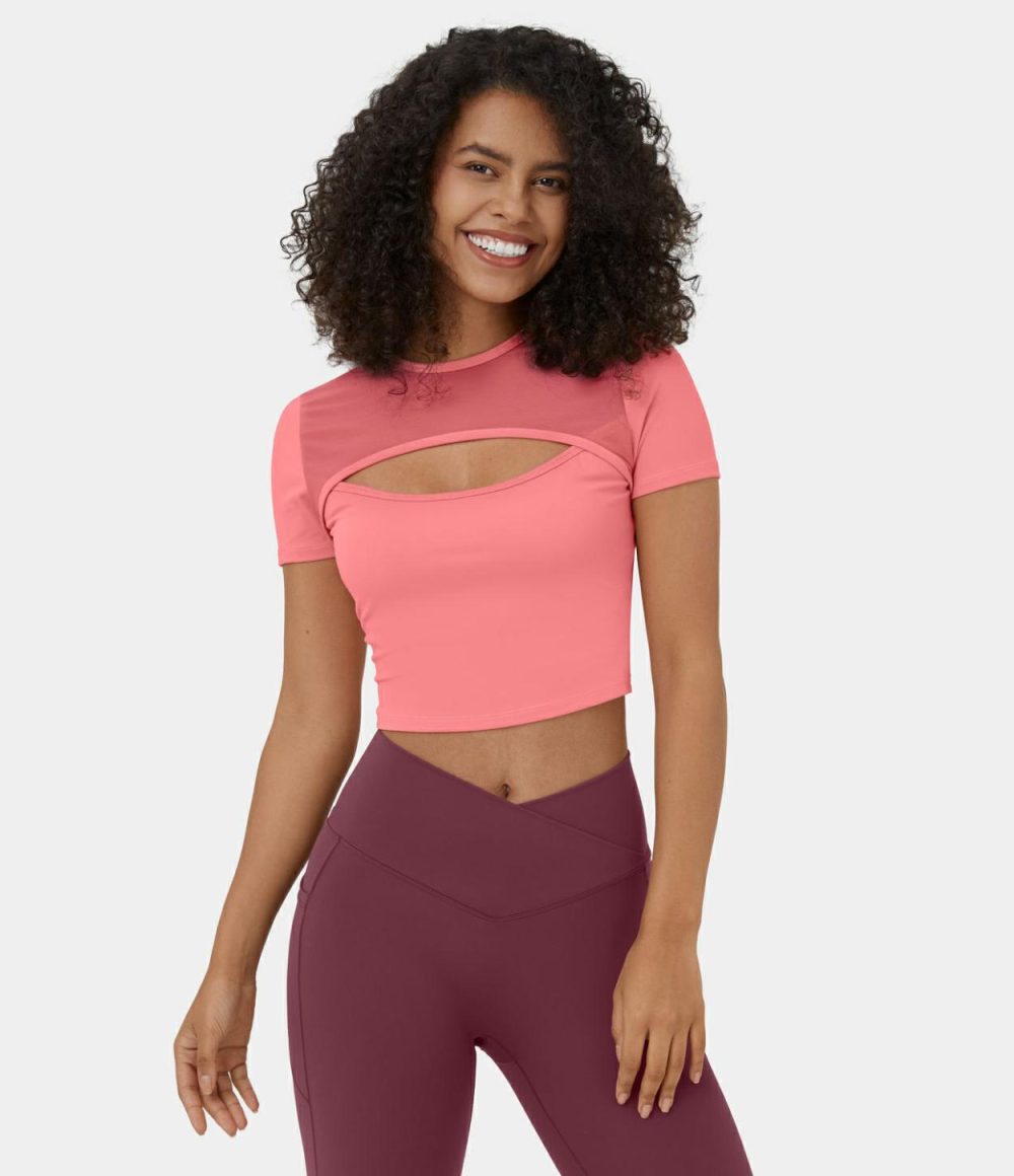 Softlyzero™ Plush Round Neck Cut Out Contrast Mesh Cropped Casual Sports Top  | Womens  Sports Tops Clothing Sports Tops