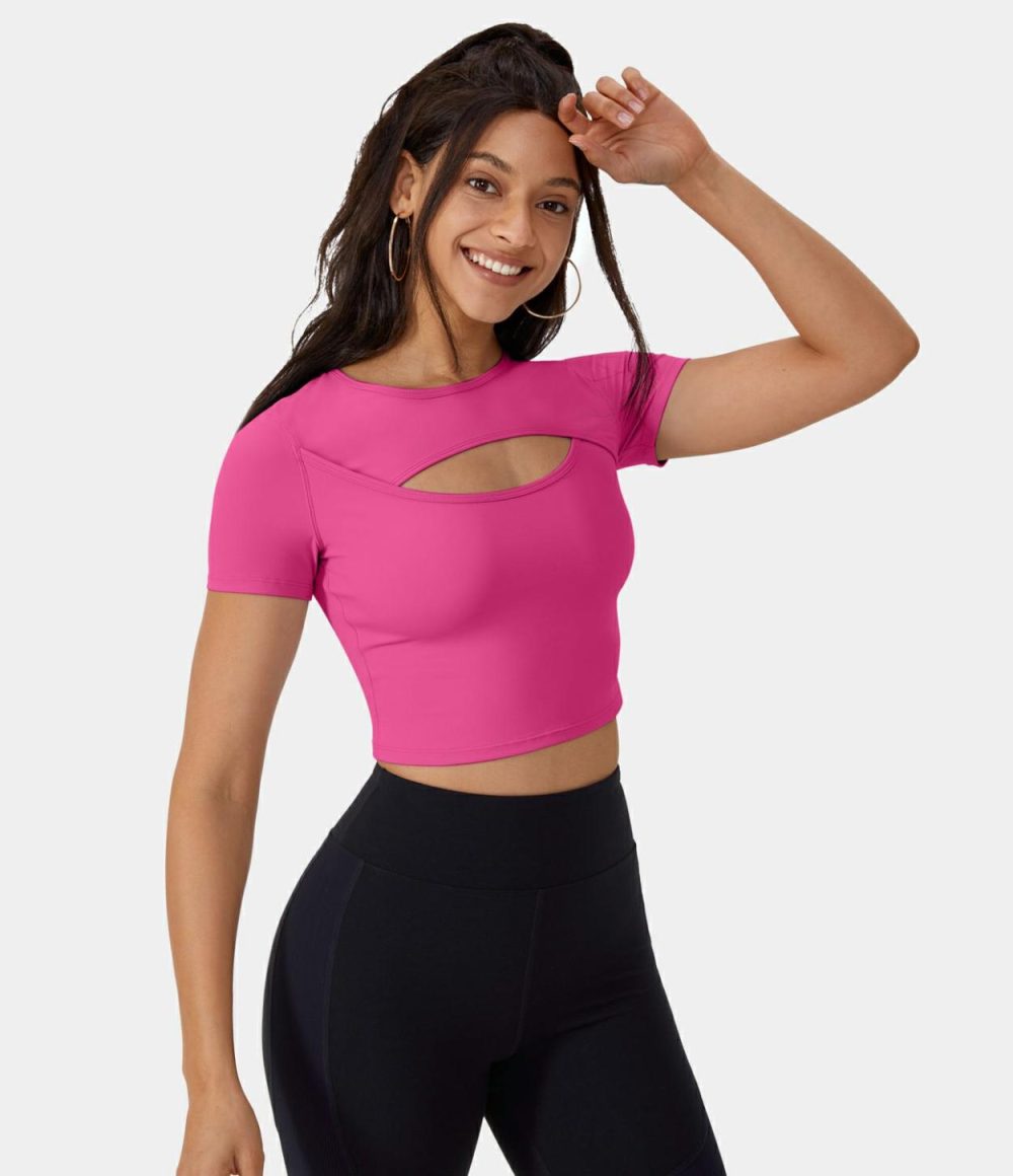 Softlyzero™ Plush Round Neck Cut Out Cropped Barre Ballet Dance Sports Top  | Womens  Sports Tops Clothing Red Mahogany/Black/Fuchsia Purple/Sun Baked/Tigerlily/Poinsettia/Cherries Jubilee/Winsome Orchid/Grass Grey Green/Warm Mid Blue