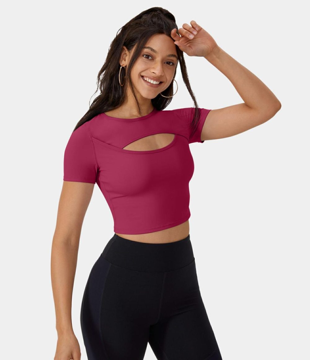 Softlyzero™ Plush Round Neck Cut Out Cropped Barre Ballet Dance Sports Top  | Womens  Sports Tops Clothing Red Mahogany/Black/Fuchsia Purple/Sun Baked/Tigerlily/Poinsettia/Cherries Jubilee/Winsome Orchid/Grass Grey Green/Warm Mid Blue