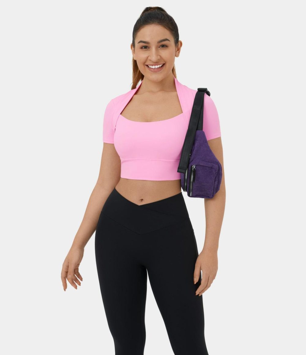 Softlyzero™ Plush Short Sleeve 2-in-1 Cropped Yoga Sports Top  | Womens  Sports Tops Clothing Nosegay/Black