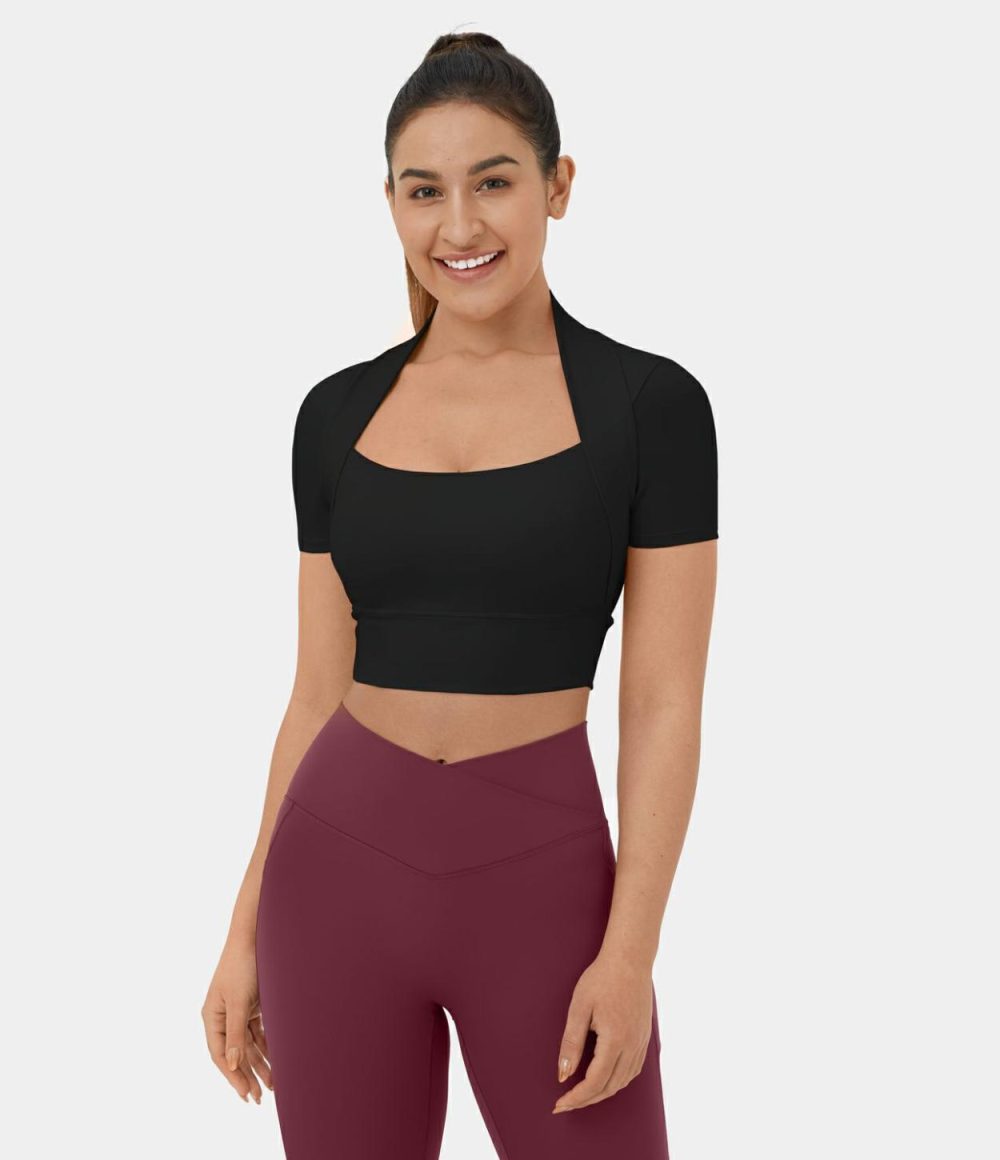 Softlyzero™ Plush Short Sleeve 2-in-1 Cropped Yoga Sports Top  | Womens  Sports Tops Clothing Nosegay/Black