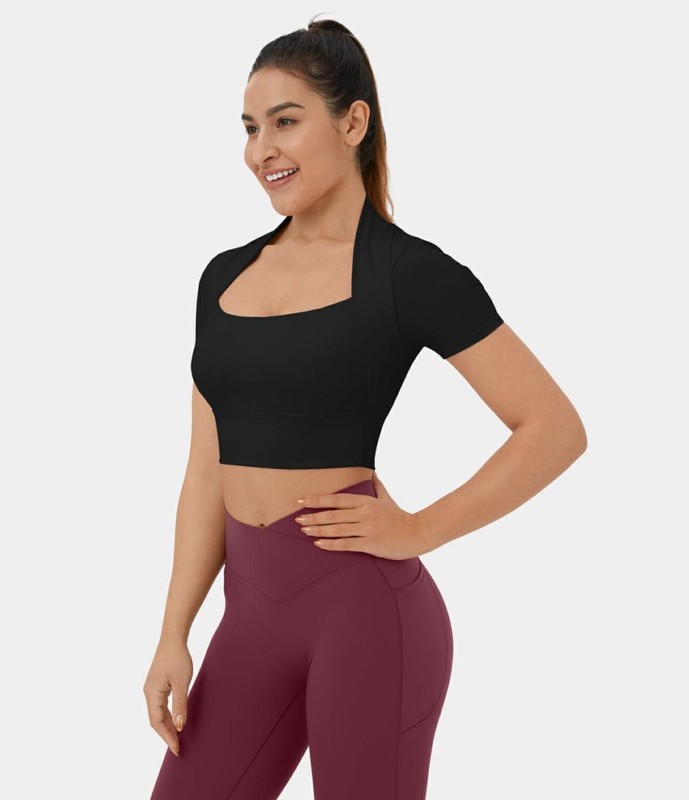 Softlyzero™ Plush Short Sleeve 2-in-1 Cropped Yoga Sports Top  | Womens  Sports Tops Clothing Nosegay/Black